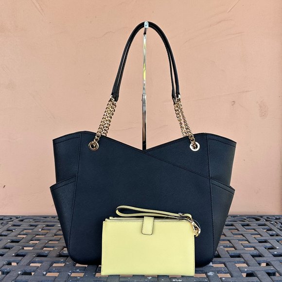 Michael Kors Jet Set Large Chain Tote Bag + Double Zip Wallet Black Yellow - Picture 2 of 16